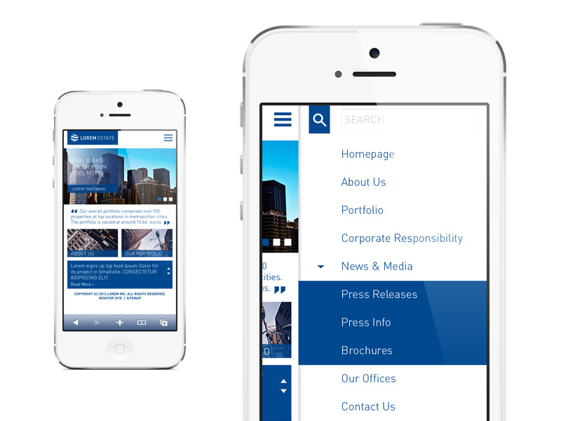 Real estate company mobile site mockup mobile web real estate retail blue white grid metro clean corporate blocks ui dashboard menu side menu dropdown din news feed search bar