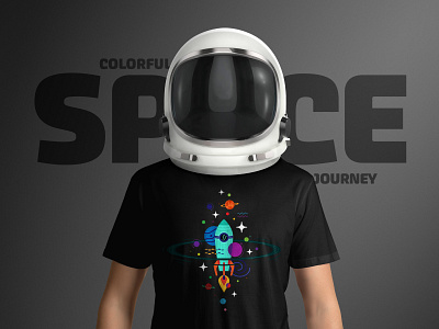 Colorful Space Journey - Astronaut astronaut clean vectors cosmic design geometric graphic design icosaedru illustration illustration concept journey planets rocket space space exploration stars t shirt universe vector vector design