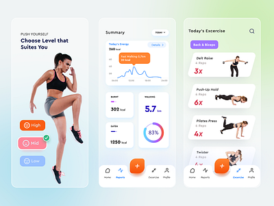 Fitness Mobile App glassmorphism ui design style