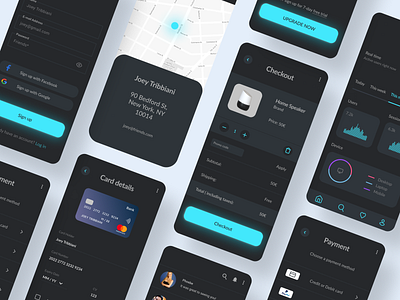 Free Dark UI Screens app design app screens components credit card dark app dark theme dark ui figma free free dowload freebie interface mobileui ui kit uidesign uiux uiuxdesign