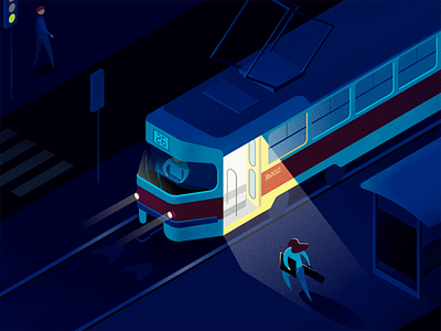 Late back home girl illustration light night run tram