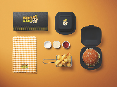 Prince Albert Burger Mockup branding diner hamburger logo nostalgia orange prince albert rebrand redesign retro take out