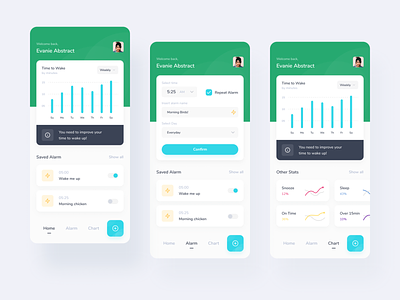 Alarm App - Chart and Layout Exploration android app branding card clean design flat icon ios iphone management manager mobile people project schedule task task typography uiux work