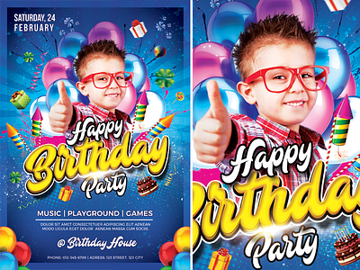 Kids Party Flyer advertisement birthday party blue children event flyer fun games kids kids party music poster