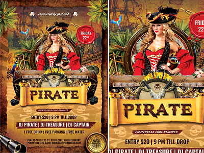 Pirate cannon captain colorful compass dj drink entry flyer flyers fun happy time hat