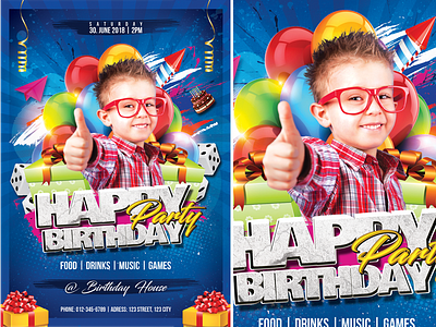 Happy Birthday Party advertisement balloon birthday birthday party blue cake child children colorful event fest flyer