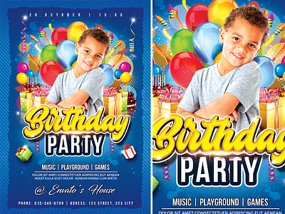 Birthday Party advertisement balloon birthday birthday party blue cake child children colorful event fest flyer fun games happy day kids kids party music party playground