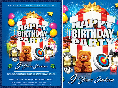 Happy Birthday Party advert advertisement balloon birthday birthday party blue cake child children colorful event fest festival flyer fun game games happy day kid kids party