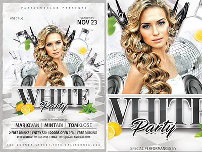 White Party Flyer bottles clean club dance disco dj drink entry event flyer fun live model modern music night party performance pub sexy