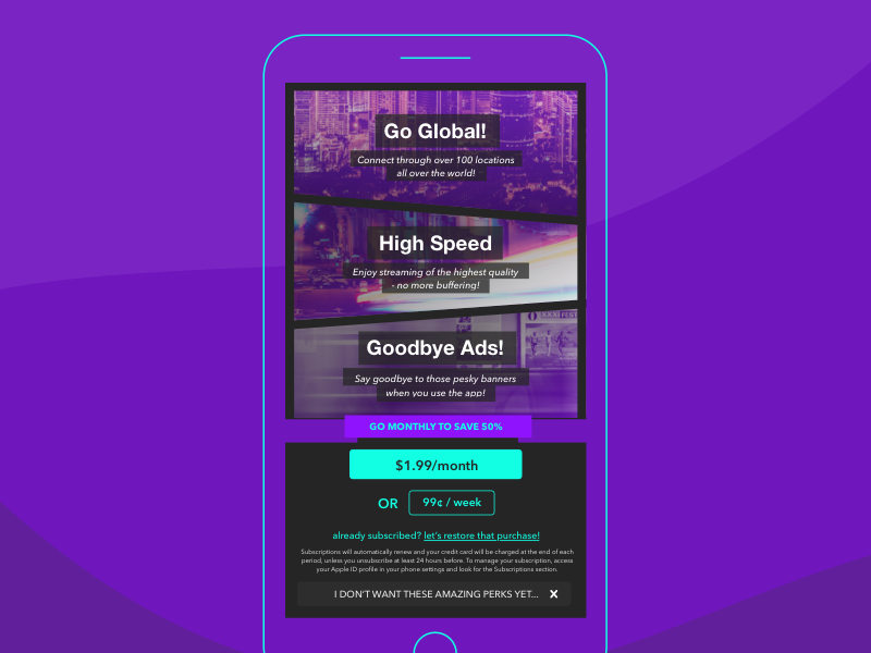 Paywall UI: GLBL_VPN by Alex Bellingham on Dribbble