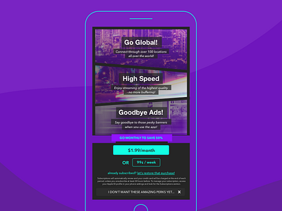 Paywall UI: GLBL_VPN app app design design graphic design interface paywall ui user experience user interface ux wireframe