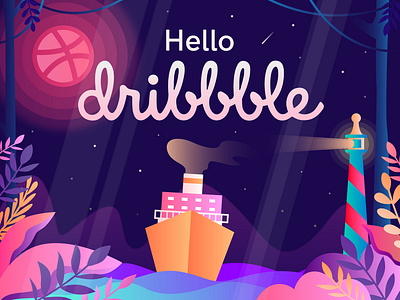 Hello, Dribbble! debut debutshot design dribbble app dribbbleinvitation firstshot hello hellodribbble icon illustration art invitation mercusuar night plant ship ui web