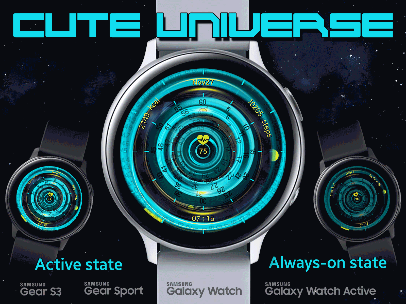 Cute Universe - Samsung Galaxy Watch black hole date design heart illustration planet rosinski rémi rémi rosinski samsung samsung galaxy space sun time universe watch