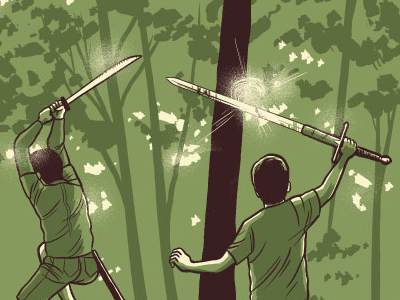 The Woods boys green screenprint swords woods