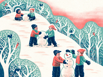 Winter Friends drawing editorial art editorial illustration friends illustration kids magazine illustration metro parent snowman winter