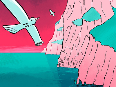 Gulls Along the Coast cartoon digital drawing illustration pink