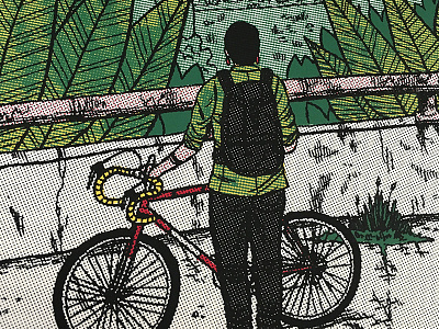 Meltdown apocalypse bicycle bike comedy girl meltdown overgrown plants poster screen print woman