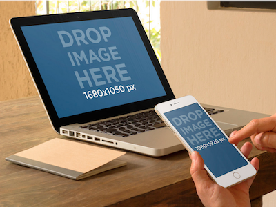 Macbook Pro and iPhone 6 Plus Mockup at Home Office app marketing design mockup iphone 6 iphone mockups macbook pro responsive screenshot generator startup marketing ux design