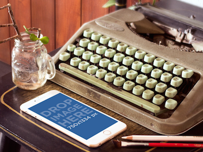 Mockup of Gold iPhone 6 Next to Vintage Typewriter app marketing apple devices appstore marketing ios apps iphone iphone 6 iphone 6 plus iphone apps seo startup marketing