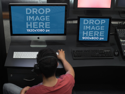 iMac and PC Mockup Template at a Recording Studio