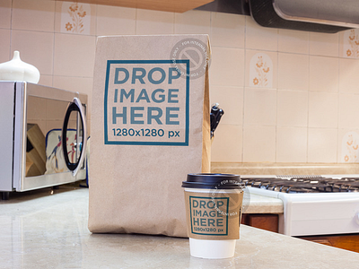 Takeaway Coffee Cup and Paper Bag on Top of a Kitchen Counter cup mockup cup template digital marketing label mockup mockup generator mockup template mockup tools online marketing tools paper bag mockup stock photo mockups stock photo template web marketing