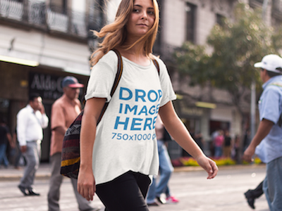 T-Shirt Mockup of a Hipster Girl Crossing the Street