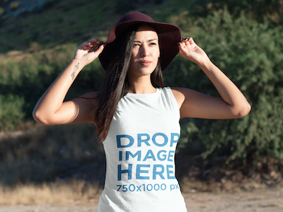 Beautiful Woman Modeling Outdoors Tank Top Mockup