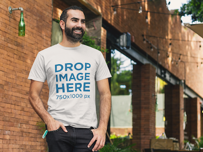 Bearded Man Standing Outside a Bar T-Shirt Mockup