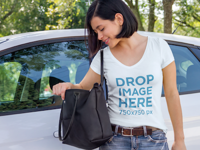 Young Woman Getting off her Car T-Shirt Mockup digital marketing mockup generator mockup template mockup tools stock photo mockup stock photo template t shirt mockup t shirt mockup generator t shirt mockup template t shirt template visual marketing campaign web marketing