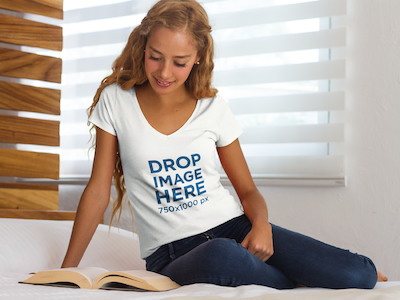 T-Shirt Mockup of a Girl Reading a Book in Bed digital marketing mockup generator mockup template mockup tools stock photo mockup stock photo template t shirt mockup t shirt mockup generator t shirt mockup template t shirt template visual marketing campaign web marketing