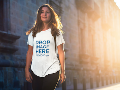 Woman Walking Down the Street T-Shirt Mockup digital marketing mockup generator mockup template mockup tools stock photo mockup stock photo template t shirt mockup t shirt mockup generator t shirt mockup template t shirt template visual marketing campaign web marketing