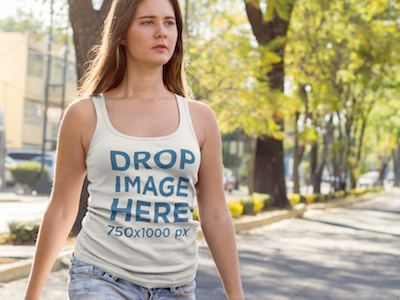 Young Woman Crossing the Street Tank Top Mockup clothing mockup template content marketing digital marketing marketing tools mockup tools stock photo mockup stock photo template tank top mockup tank top mockup generator tank top mockup template tank top template visual marketing tools