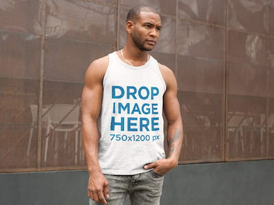 Man Standing Outside a Local Restaurant Tank Top Mockup clothing mockup template content marketing digital marketing marketing tools mockup tools stock photo mockup stock photo template tank top mockup tank top mockup generator tank top mockup template tank top template visual marketing tools