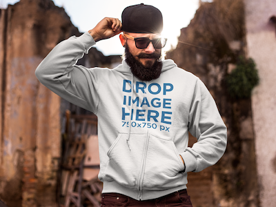 Download Bearded Hipster Man at Demolition Site Hoodie Mockup by ...