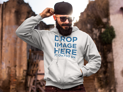 Bearded Hipster Man at Demolition Site Hoodie Mockup