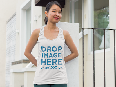 Asian Woman Standing Outside her House Tank Top Mockup clothing mockup template content marketing digital marketing marketing tools mockup tools stock photo mockup stock photo template tank top mockup tank top mockup generator tank top mockup template tank top template visual marketing tools