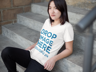 T-Shirt Mockup of an Asian Woman Sitting on a Stairway by Placeit on ...