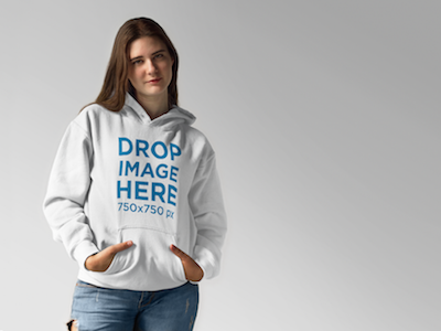 Hoodie Mockup of a Smiling Young Woman at a Photo Studio
