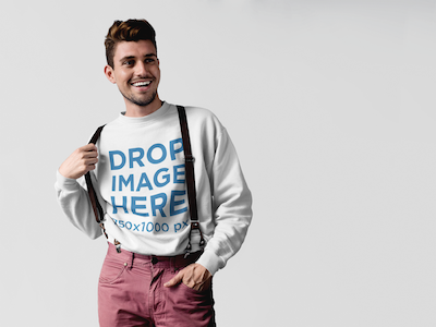 Crewneck Mockup Featuring a Young Man Wearing Suspenders clothing mockup clothing template content marketing crewneck mockup crewneck mockup generator crewneck template mockup template mockup tools online marketing tools stock photo mockup visual content
