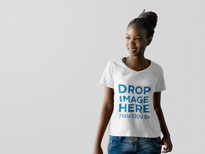 Beautiful Black Woman at a Photo Studio T-Shirt Mockup digital marketing mockup generator mockup template mockup tools stock photo mockup stock photo template t shirt mockup t shirt mockup generator t shirt mockup template t shirt template visual marketing campaign web marketing