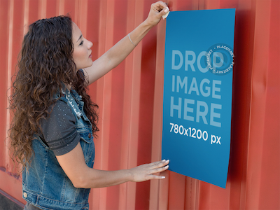 Poster Mockup of a Girl Taping a Poster to a Container