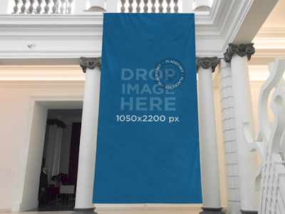 Screen Vertical Banner Mockup Hanging From a Balcony at a Museum