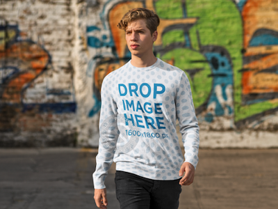 Crewneck Mockup Featuring a Young Man in a Parking Lot crewneck mockup crewneck mockup generator crewneck template mockup template mockup tols