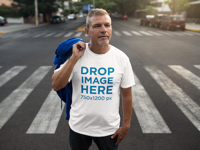 T-Shirt Mockup Featuring a Man Standing in a Crosswalk digital marketing mockup generator mockup template mockup tools stock photo mockup stock photo template t shirt mockup t shirt mockup generator t shirt mockup template t shirt template visual marketing campaign web marketing