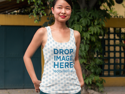 Tank Top Mockup of an Asian Woman Standing Outside her Home