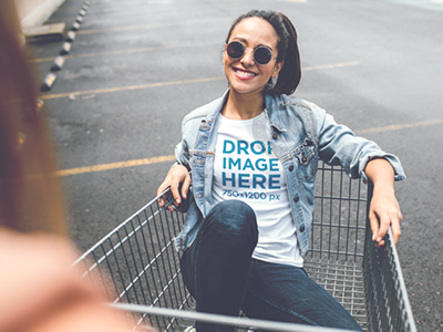 Round Neck T-Shirt Mockup of a Trendy Girl in a Shopping Cart