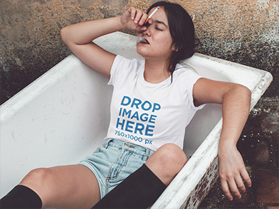 T-Shirt Mockup of a Girl Smoking in a Bathtub