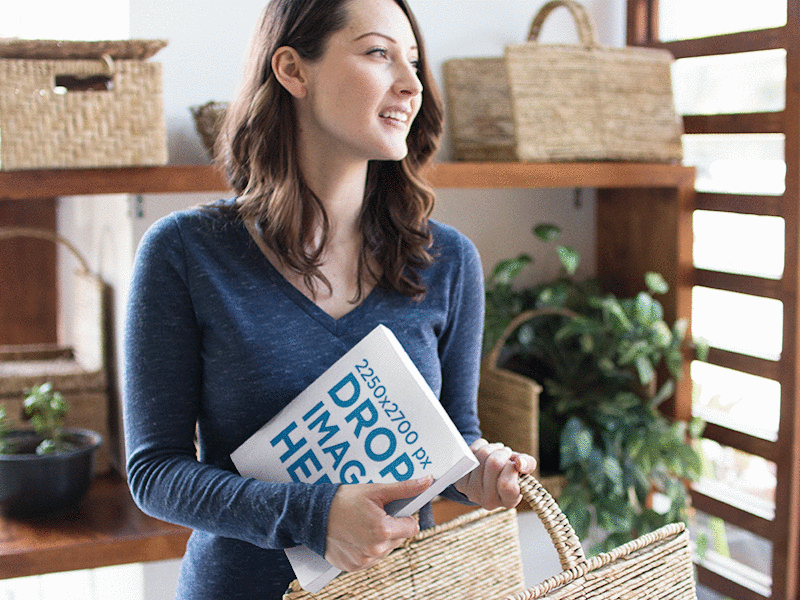 Woman Holding a Book and a Basket at the Grocery Store Mockup book book mockups ebook ebook mockup ebook mockup generator ebook stock photo ebook template image marketing photorealistic mockup template web marketing