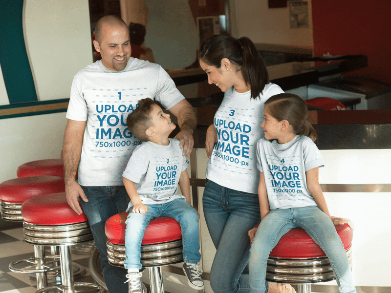 Family of Four Wearing Different T-Shirts Mockup