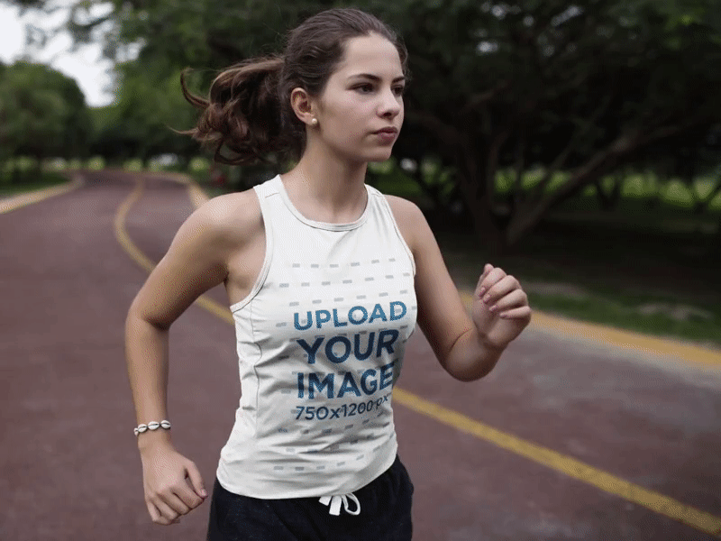 Woman Running Wearing Custom Sportswear Mockup activewear racing runner runner girl running sportswear tank top tanktop mockup team uniform track and field